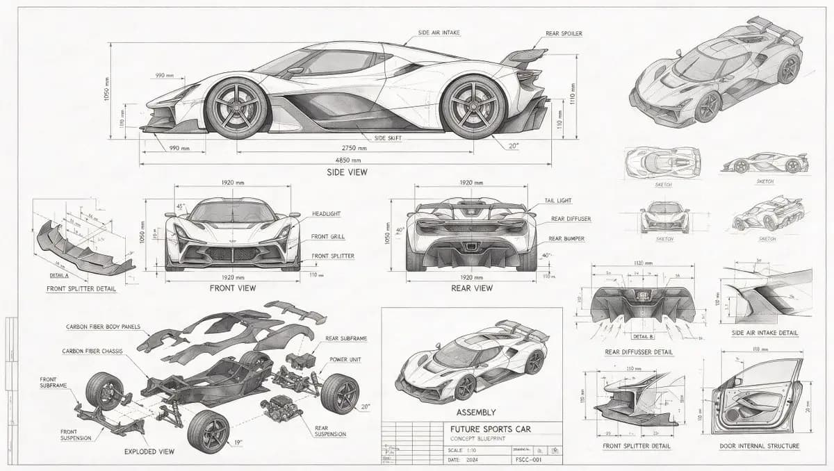 Technical blueprint of a sports car